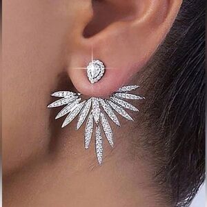 Luxury Feather Wing Crystal Stud Earrings Silver